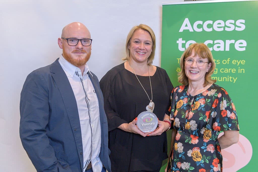 Visionary-award-winner-Diane-Smith-Head-of-Adult-Services-Sensory-Services-by-Sight-for-Surrey-centre-with-Specsavers-Frank-Moore-and-Philippa-Simkiss